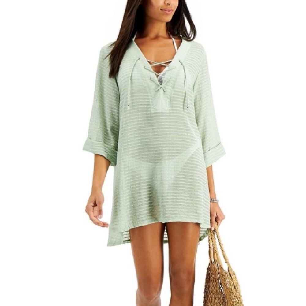 NWT MSRP $58 J. Valdi Womens Crinkled Tunic Beachwear Cover-Up color Sage sz L